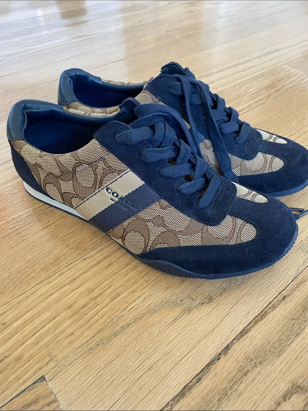 Coach Navy and Brown Signature Logo Lace-Up Sneaker